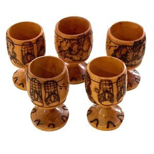 Vintage Wood Pedestal Cups Egg Cup or Tiki Bar Shot Glass Hand Turned Pyrography